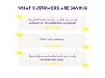 Customer reviews and social proof graphic with quoted feedback and star ratings.
