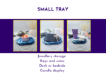 Banner showcasing three framed photos of small trays: a candle on a blue tray, a tray with a wallet and keys, and a tray with cosmetic tubes for jewellery/desk or bedside storage.