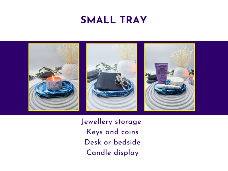 Banner showcasing three framed photos of small trays: a candle on a blue tray, a tray with a wallet and keys, and a tray with cosmetic tubes for jewellery/desk or bedside storage.