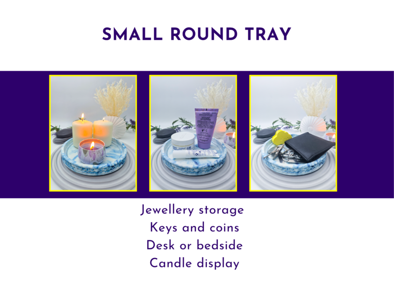 Small oval tray shown in use for jewellery storage, desk bits, and candle display