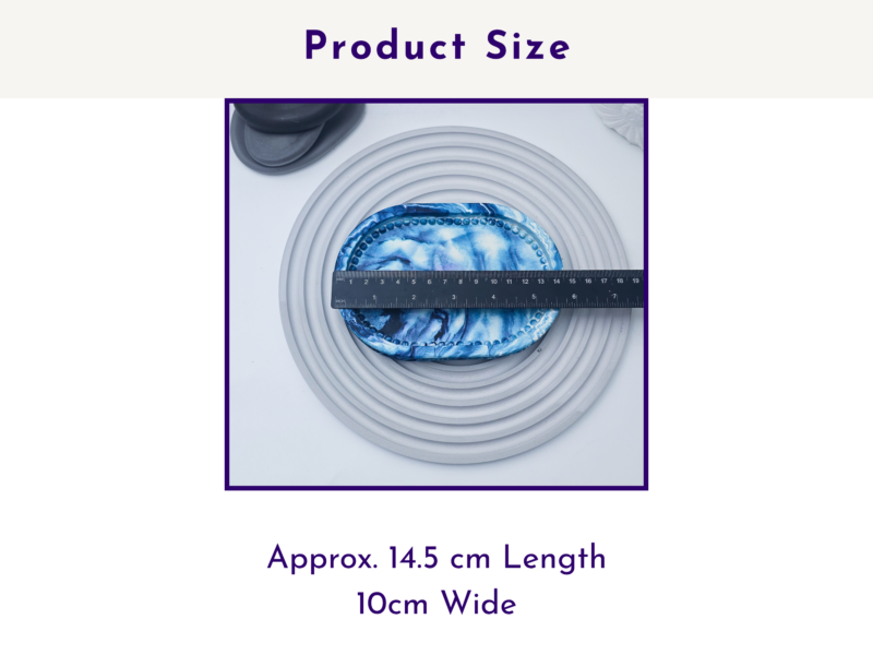 Small oval tray measured to show an approximate 14.5 cm length and 10 cm width