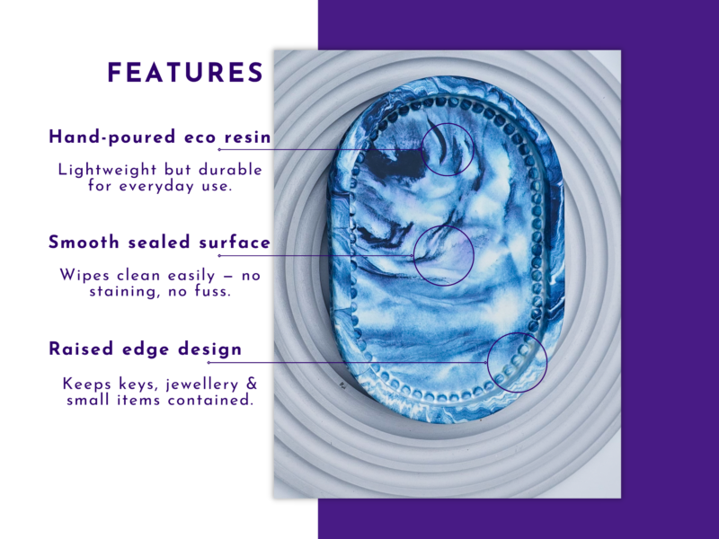 Graphic showing product features: hand-poured eco resin, smooth sealed surface, raised edge design with callouts against white and purple background.