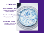 Feature slide showing the blue marbled tray with notes on eco resin, sealed surface, and raised edge