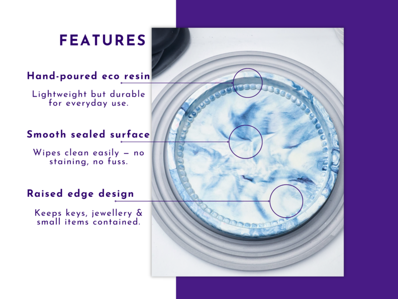 Feature slide showing the blue marbled tray with notes on eco resin, sealed surface, and raised edge