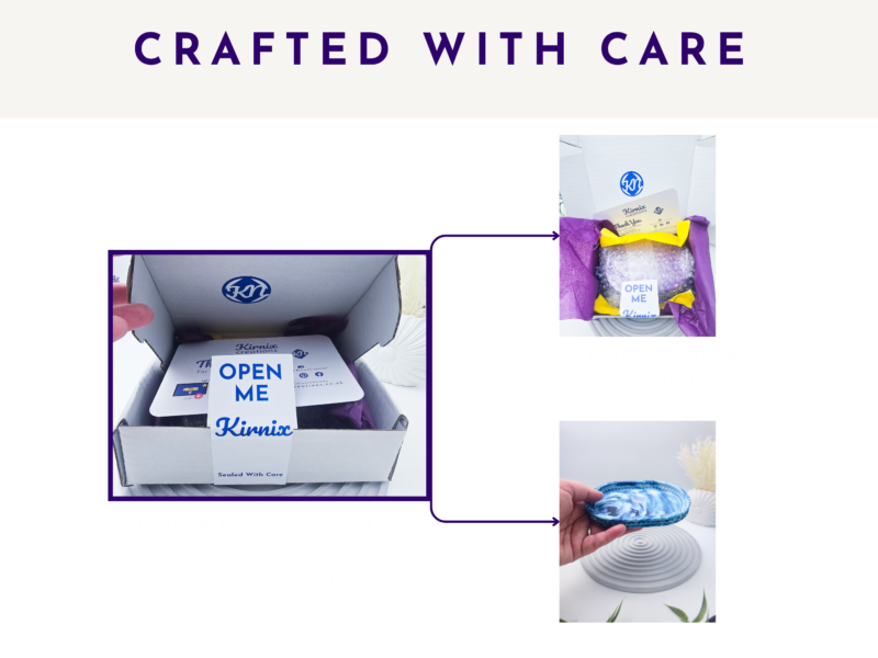 Kirnix packaging slide showing the tray packed with tissue paper, card, and gift-ready presentation