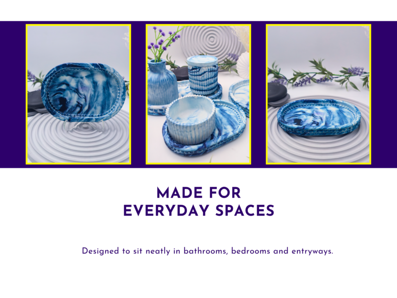 Lifestyle slide showing three views of the tray as an everyday home accessory