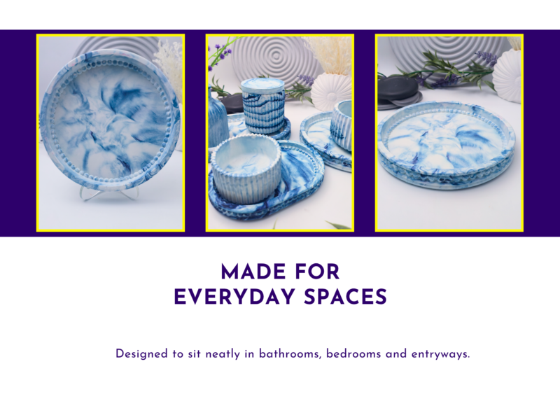 Small oval tray styled in everyday spaces with candle, vase, and bedside display examples