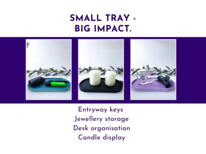 Oval tray use-case graphic showing keys, jewellery, desk items, and candle styling