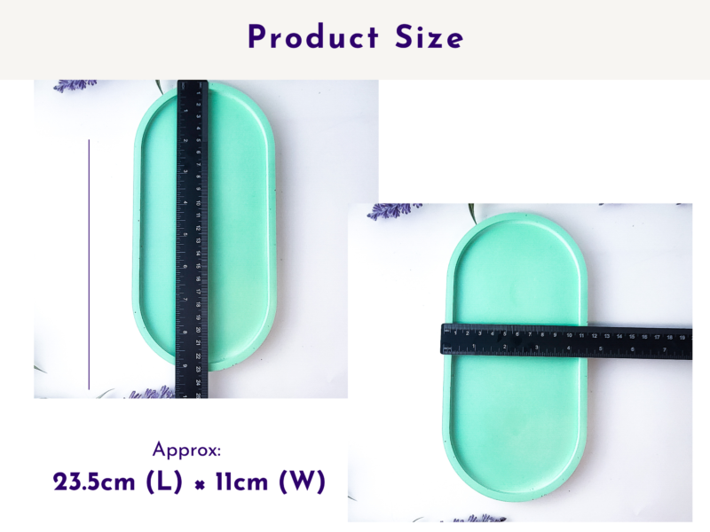 Mint green oval tray measured with rulers to show the product size