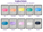 Colour options graphic showing red, orange, yellow, green, blue, indigo, violet, pink, white, and black oval trays
