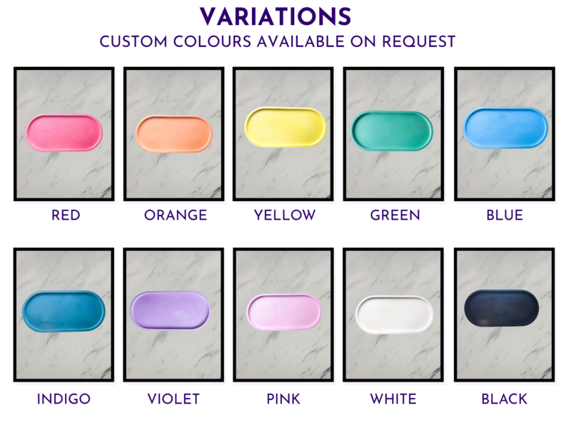 Colour options graphic showing red, orange, yellow, green, blue, indigo, violet, pink, white, and black oval trays