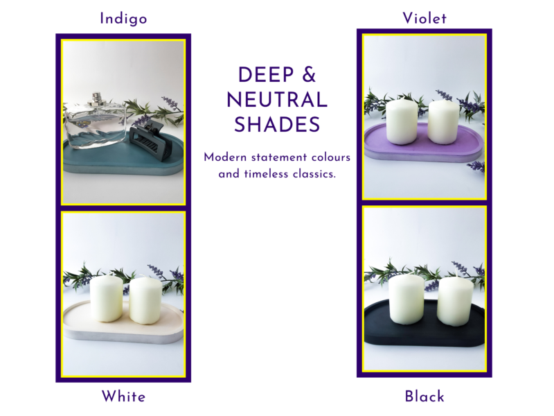 Neutral and deeper shade graphic showing indigo, violet, white, and black tray options