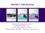 Gifting graphic showing black, mint, and violet oval trays as gift-ready options