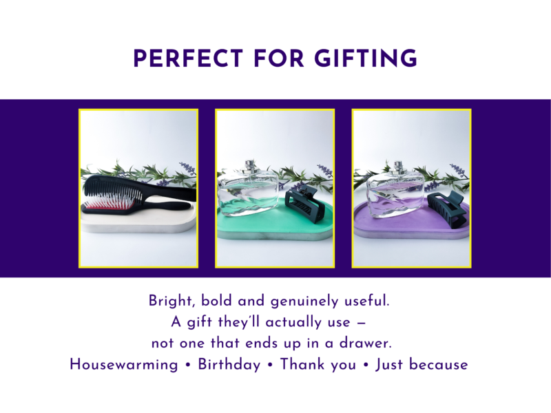 Gifting graphic showing black, mint, and violet oval trays as gift-ready options
