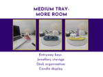 Medium oval tray use graphic showing entryway keys, jewellery storage, desk organisation and candle display.
