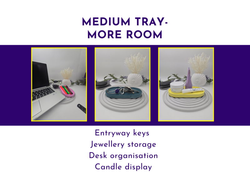 Medium oval tray use graphic showing entryway keys, jewellery storage, desk organisation and candle display.