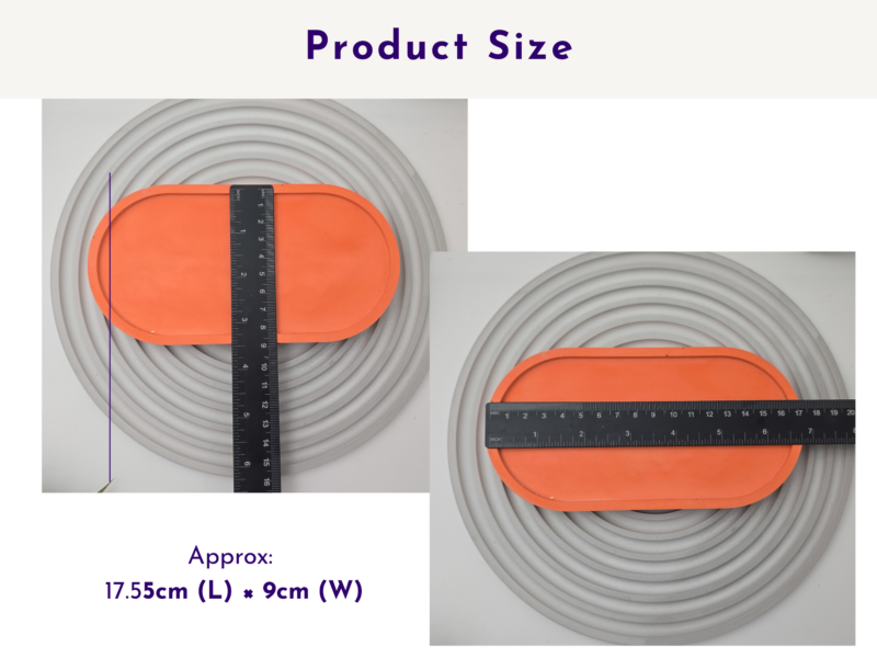 Orange oval tray shown with a ruler from top and side to show approximate size.