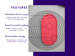 Pink oval tray feature graphic highlighting the hand-poured eco resin build, smooth sealed surface and raised edge design.