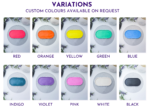 Colour options chart showing red, orange, yellow, green, blue, indigo, violet, pink, white and black oval trays.