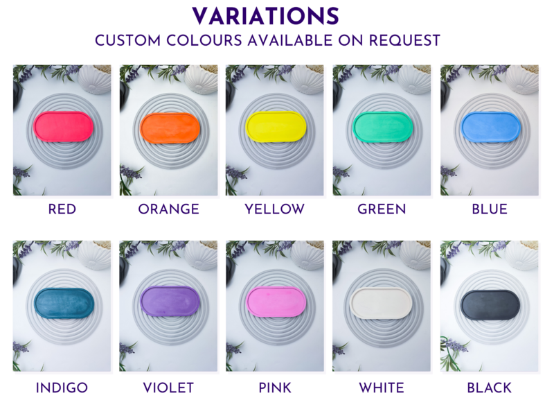 Colour options chart showing red, orange, yellow, green, blue, indigo, violet, pink, white and black oval trays.