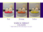 Warm colour options graphic showing red, orange and yellow trays styled with candles.
