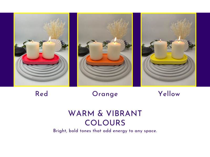 Warm colour options graphic showing red, orange and yellow trays styled with candles.