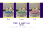 Everyday colour options graphic showing blue, green and pink trays styled with candles.