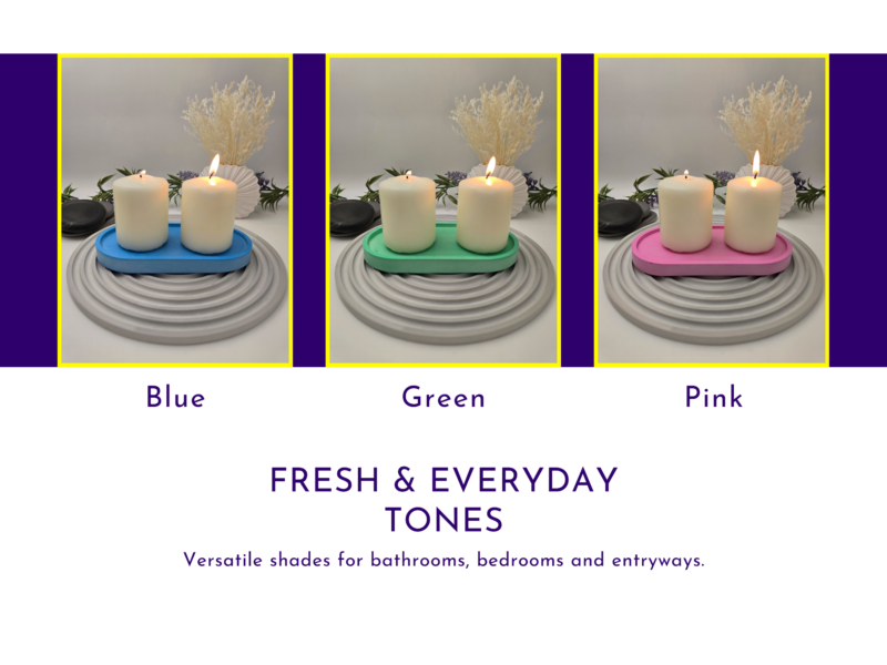 Everyday colour options graphic showing blue, green and pink trays styled with candles.