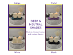 Deep and neutral shades graphic showing indigo, violet, white and black tray options.