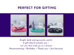 Gifting graphic showing three tray colourways and suggested gift occasions.