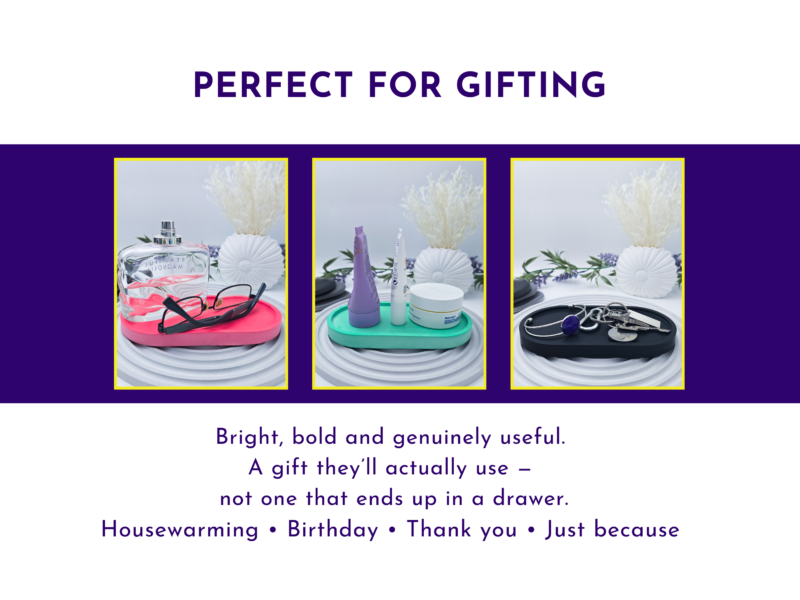 Gifting graphic showing three tray colourways and suggested gift occasions.
