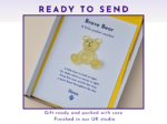 Gift-ready card with a glittery yellow teddy bear on a white page, framed by a purple border and purple 'READY TO SEND' text above.