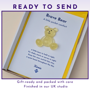 Gift-ready card with a glittery yellow teddy bear on a white page, framed by a purple border and purple 'READY TO SEND' text above.