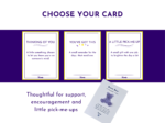 Hero header 'CHOOSE YOUR CARD' above three bordered cards on a purple band, each with inspirational text and yellow frames; moodful marketing image.