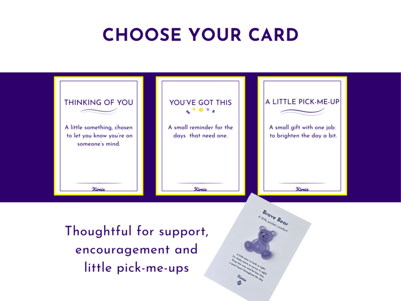 Hero header 'CHOOSE YOUR CARD' above three bordered cards on a purple band, each with inspirational text and yellow frames; moodful marketing image.