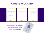 Hero header 'CHOOSE YOUR CARD' above three bordered cards on a purple band, each with inspirational text and yellow frames; moodful marketing image.
