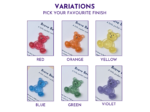 Six glittery teddy bears in red, orange, yellow, blue, green, and violet, each labeled by color.