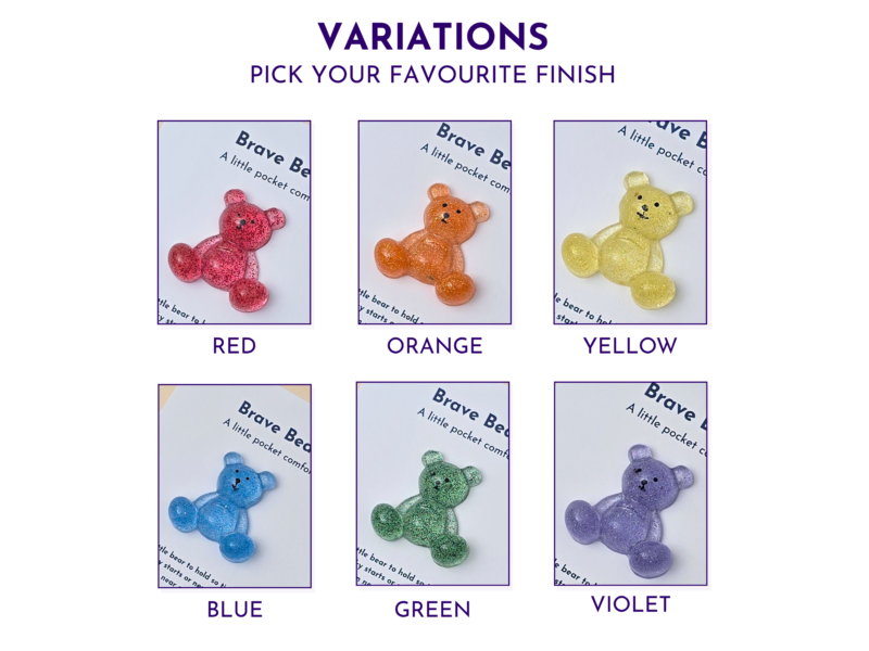 Six glittery teddy bears in red, orange, yellow, blue, green, and violet, each labeled by color.