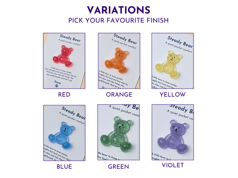 Steady Bear glitter pocket companion colour options, shown in red, orange, yellow, blue, green, and violet.