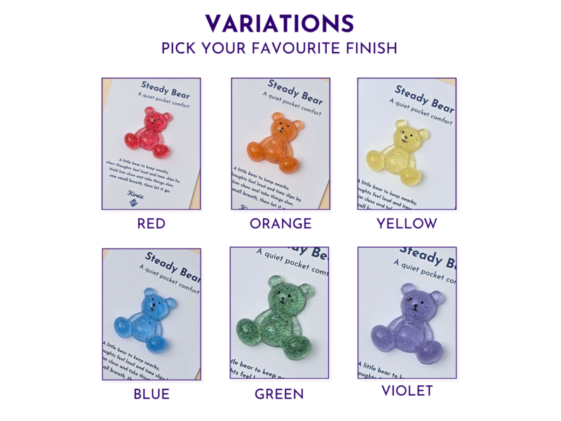 Steady Bear glitter pocket companion colour options, shown in red, orange, yellow, blue, green, and violet.
