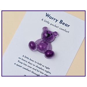 Worry Bear pocket companion resin keepsake on backing card
