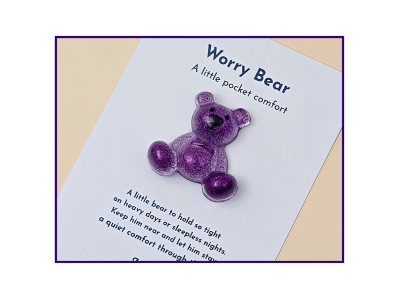 Worry Bear pocket companion resin keepsake on backing card