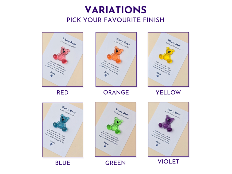 Worry Bear pocket companion colour variations in red, orange, yellow, blue, green and violet