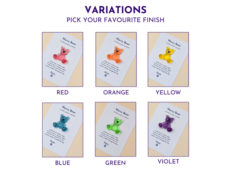Worry Bear pocket companion colour variations in red, orange, yellow, blue, green and violet