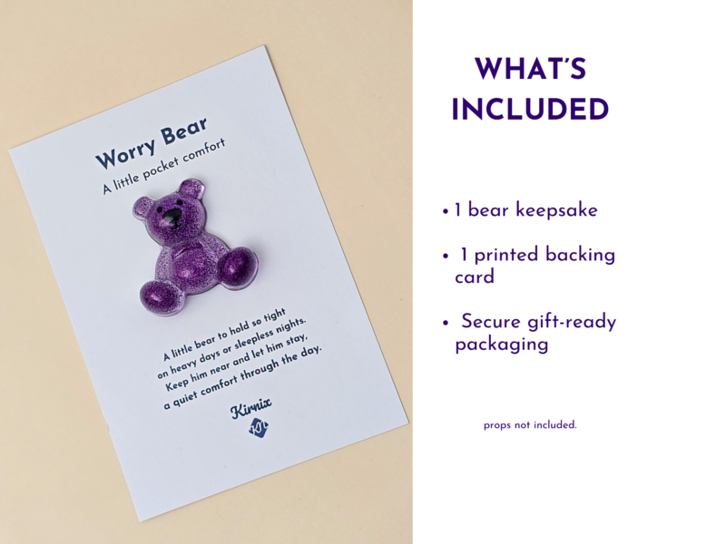 Worry Bear pocket companion with backing card and what’s included