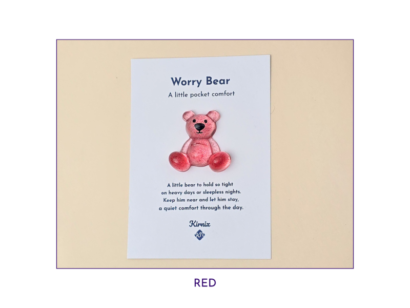 Red Worry Bear pocket companion on backing card