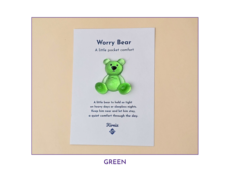 Green Worry Bear pocket companion on backing card