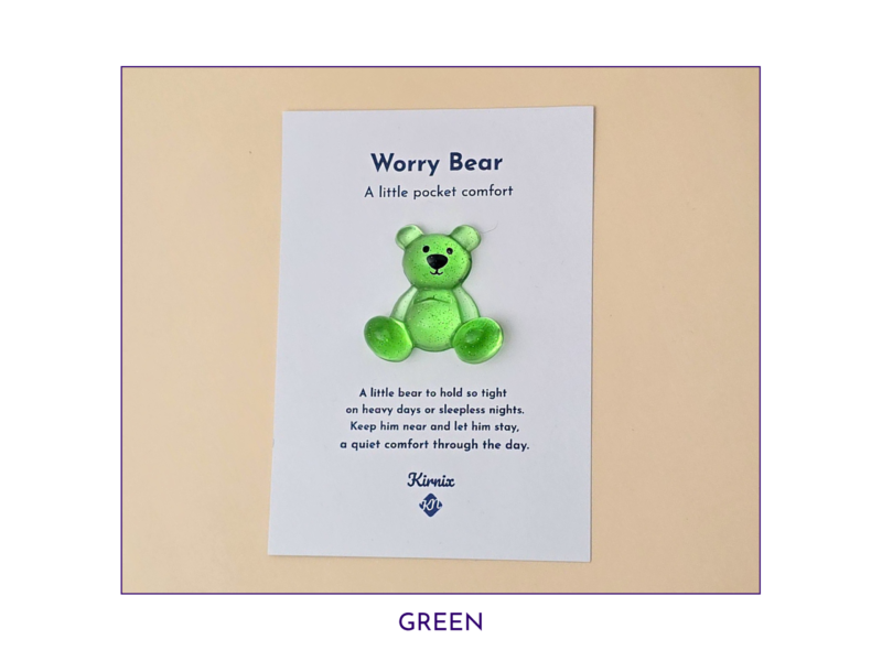 Green Worry Bear pocket companion on backing card