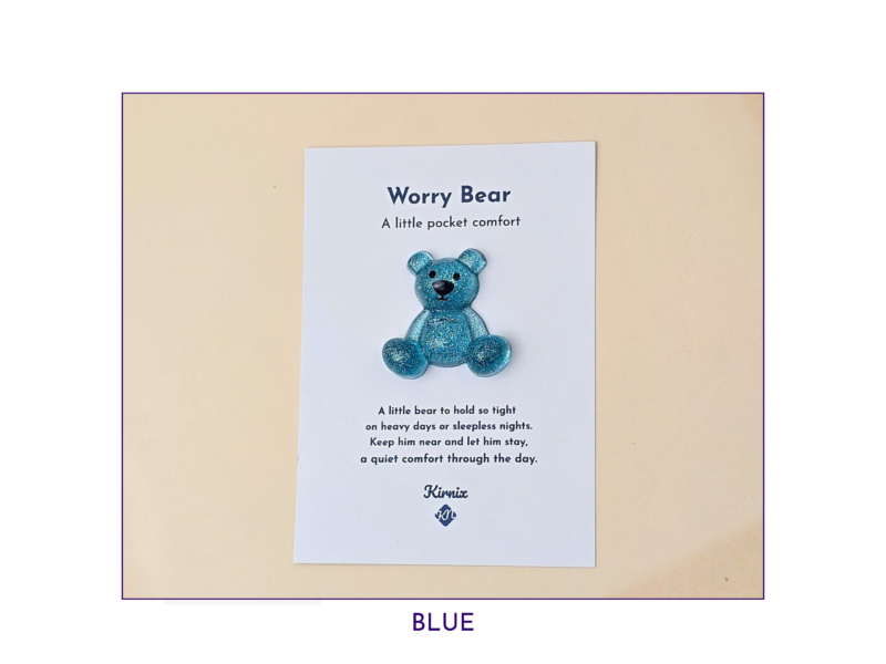 Blue Worry Bear pocket companion on backing card
