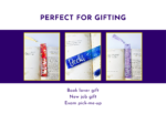 KXK-RBMK-05 Three book-themed gifts with colorful tassels displayed in yellow frames against a purple background.